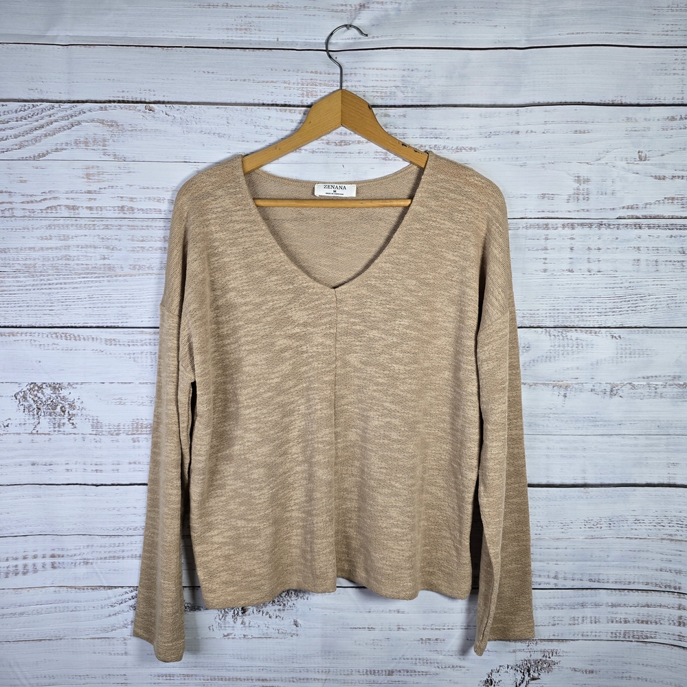 Zenana Beige Lightweight V-Neck Sweater Size M | Minimalist Casual Basic‎ NWOT